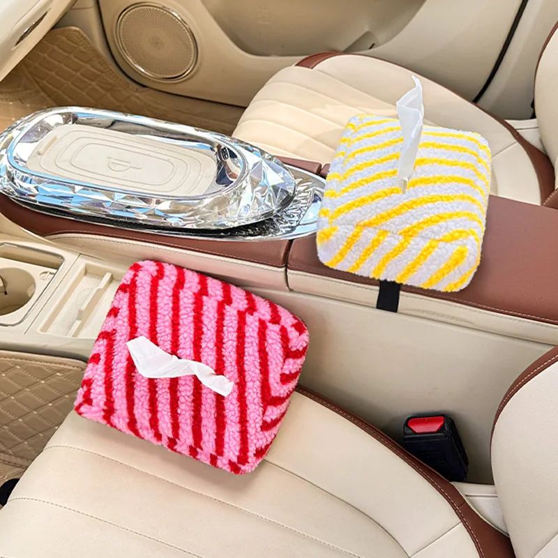 High End Striped Plush Hanging Car Tissue Box