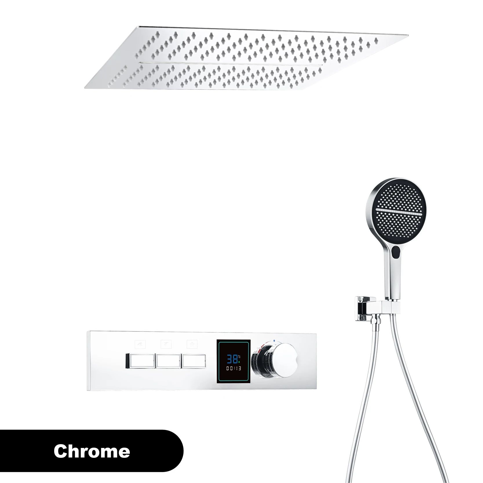 Gunmetal Brass Ceiling Shower System with LED Temperature Display, Dual-Mode Rainfall & Waterfall