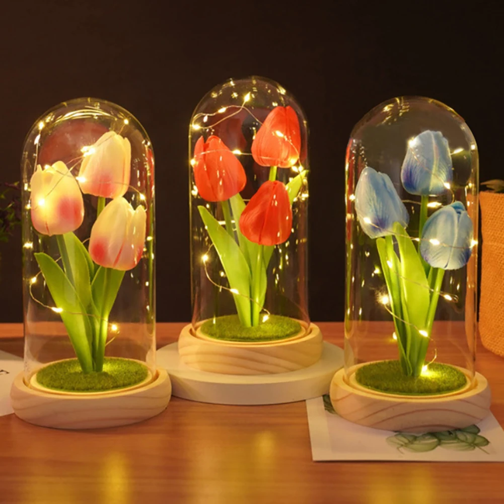 Creative Tulip Night Light Gift For Girlfriend with Glass Cover PU Simulation Valentines Day Decoration
