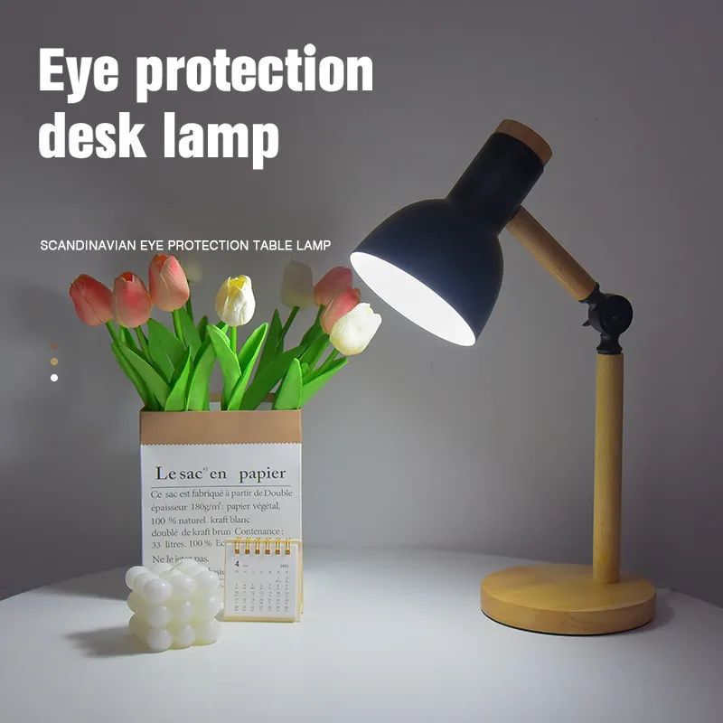 Nordic Wood E27 Desk Lamp, Eye Protection Reading Table Light, Height Adjustable Modern Bedside Lamp for Study
