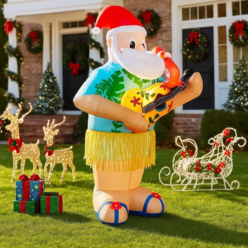 6FT LED Inflatable Hawaiian Santa with Guitar Yard Decoration