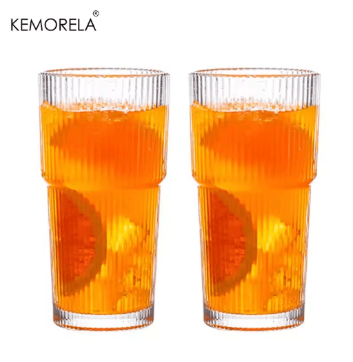 KEMORELA Ribbed Glass Tumbler Set 590 ml Large Capacity Glasses for Iced Coffee Juice and Cocktails 2 to 4 PCS