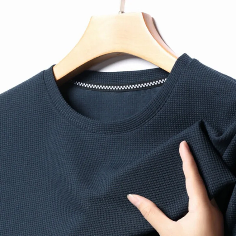 Mens Short Sleeved Polo Shirt Waffle Solid Cotton Top Fashion Splicing Round Neck T-shirt