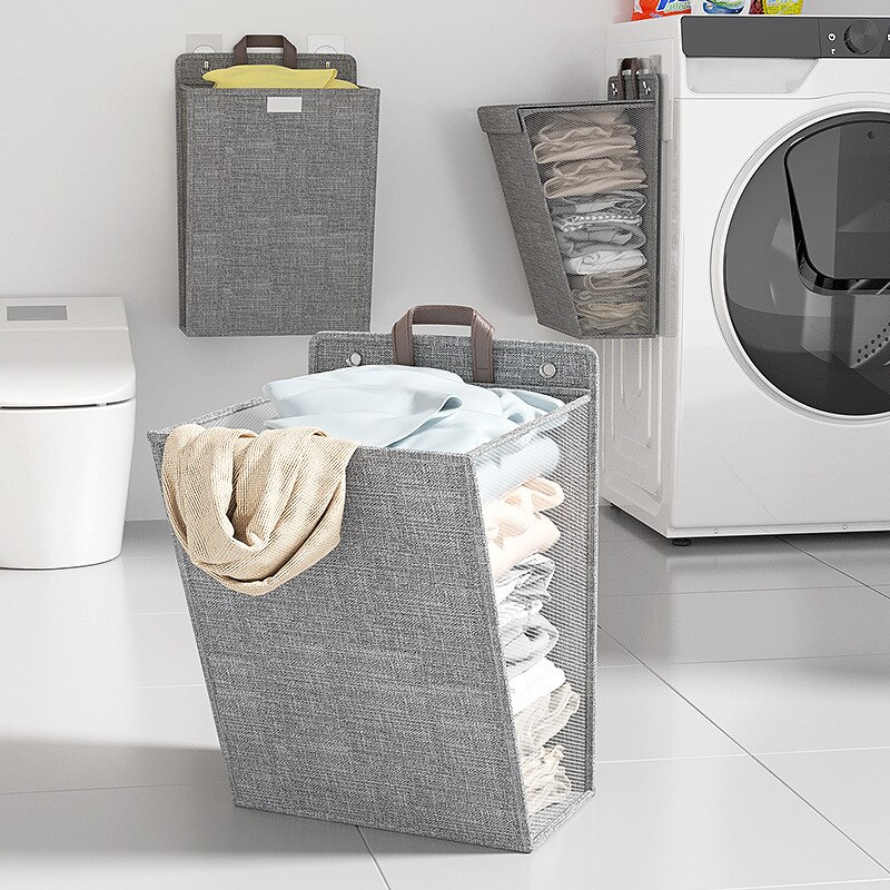 Foldable Adhesive Laundry Basket Hamper – Multifunctional Punch-Free Wall Hanging Mesh Hook Organizer