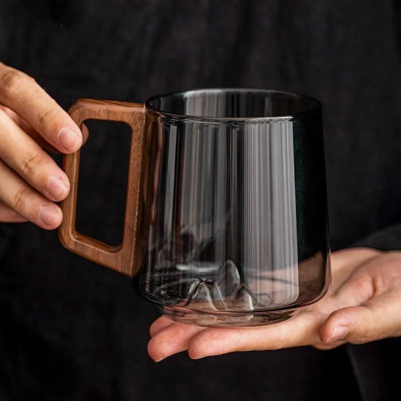 Guanshan Glass Single-Layer Cup with Wooden Handle Large-Capacity Drinking Cup for Milk Tea, Juice Household Use