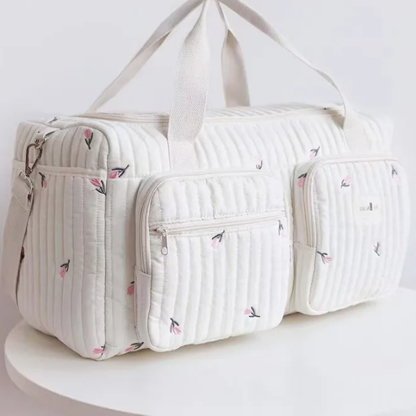 Baby Diaper Bag, Cute Bear Flower Embroidery Pattern, Beige Cotton Fabric Mommy Bag, Zipper Diaper Handbag, New Luggage