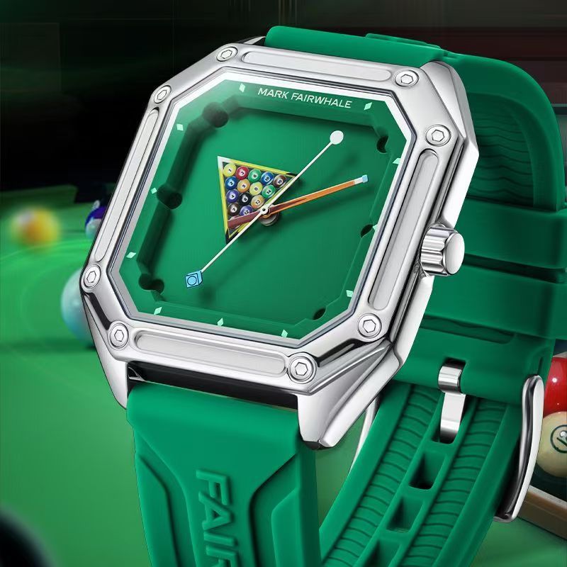 Mens Sport  Watch Waterproof Silicone Strap Green Billiards Dial Wristwatch