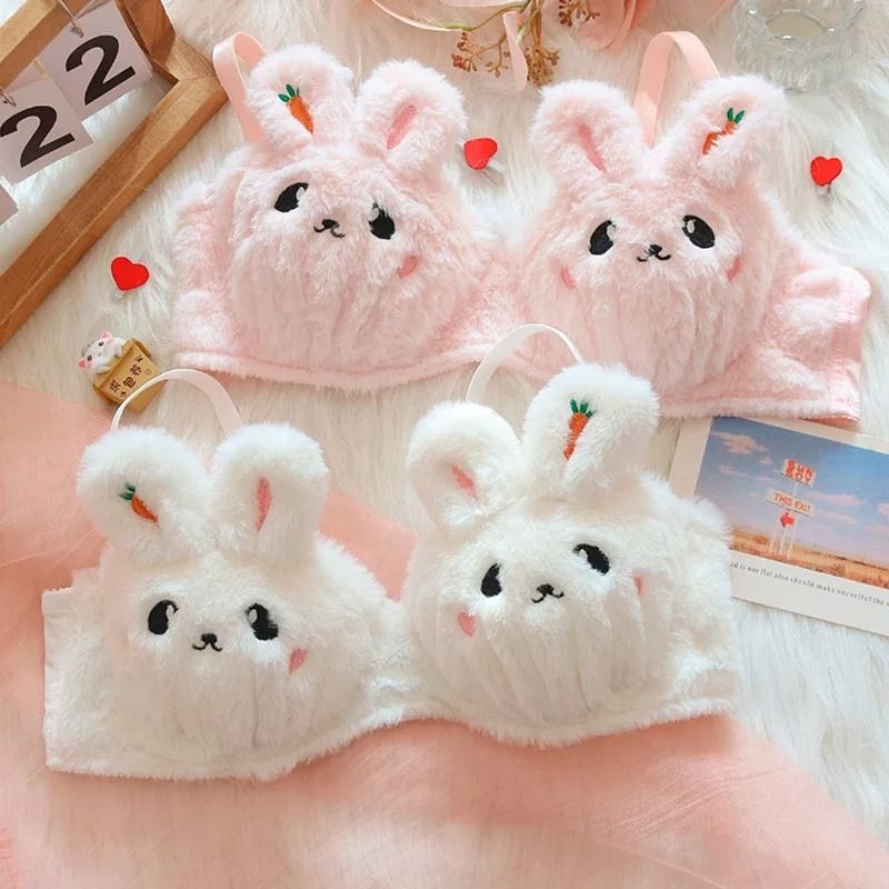 Cute Japanese Style Plush Winter Bra with Rabbit and Bear