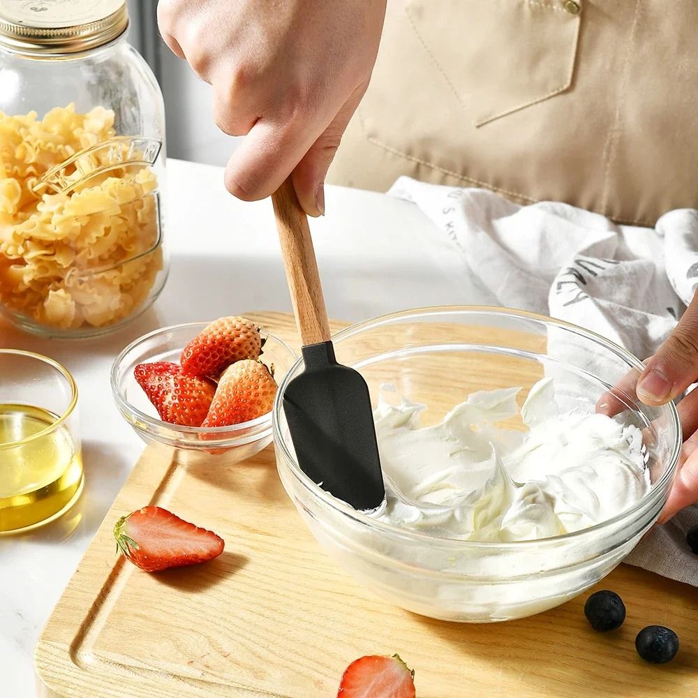 Silicone Spatula Set with Wooden Handles for Baking and Mixing