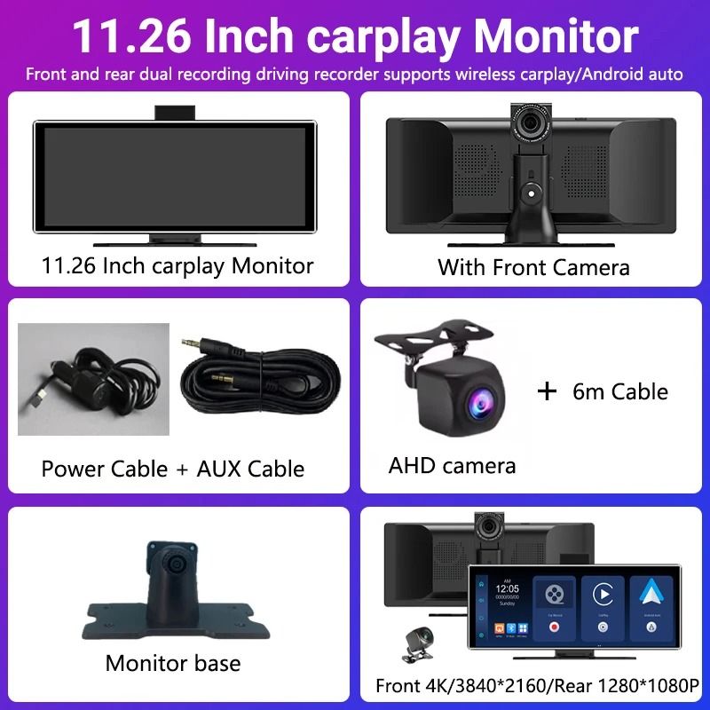 11.26 Inch Touchscreen Car Multimedia Video Player with Dual Lens DVR and Wireless CarPlay
