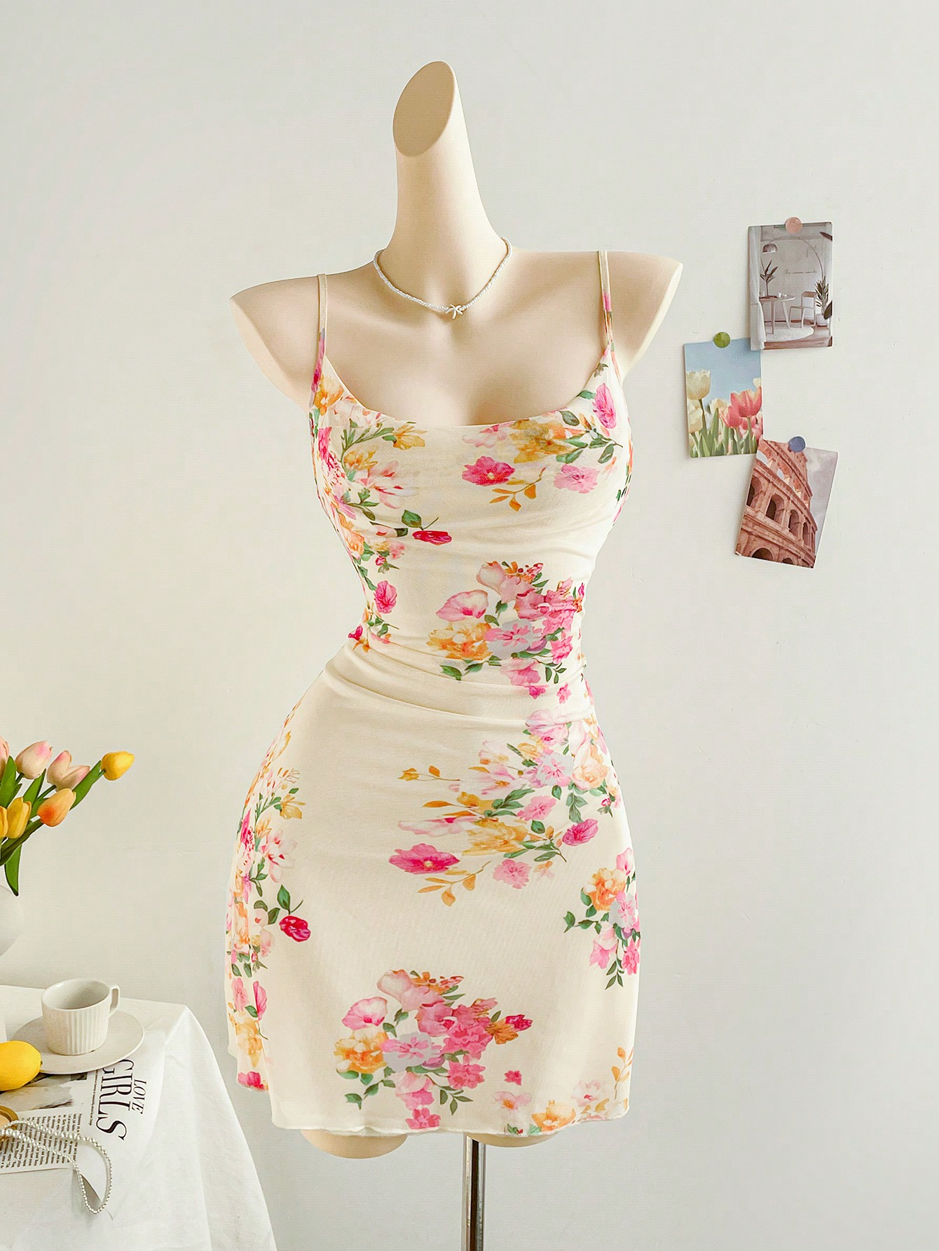 Figure Hugging Mesh Floral Print Halter Dress, Stylish Elegant Womens Party Wear