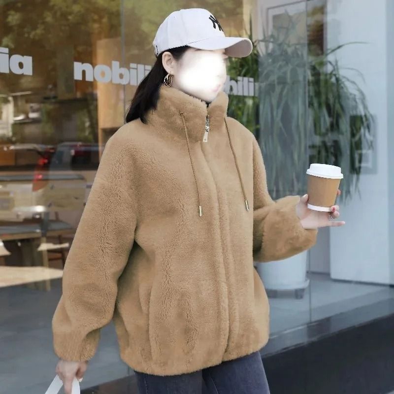 Women thickened fleece zip up stand collar hoodie jacket casual winter outerwear