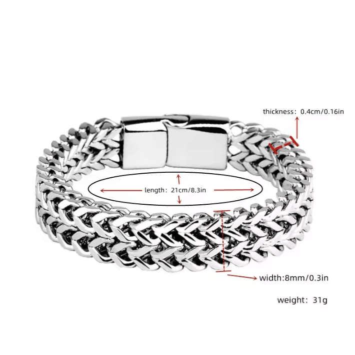 Stainless Steel Braided Bracelet – Double Row Fish Scale Magnetic Buckle Bracelet with Keel Detail (8.27-Inch Length)
