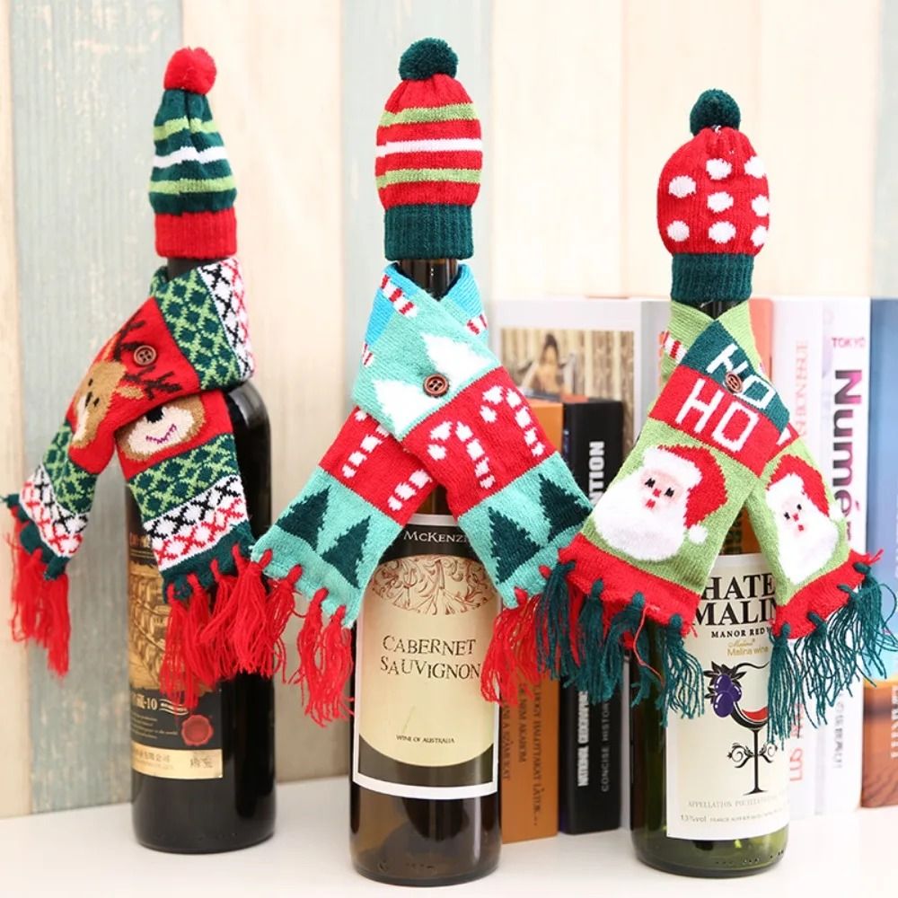 Christmas Wine Bottle Cover Mini Santa Elk Scarf and Hat Wine Bottle Gift for Xmas Tree Christmas Party Table Decoration