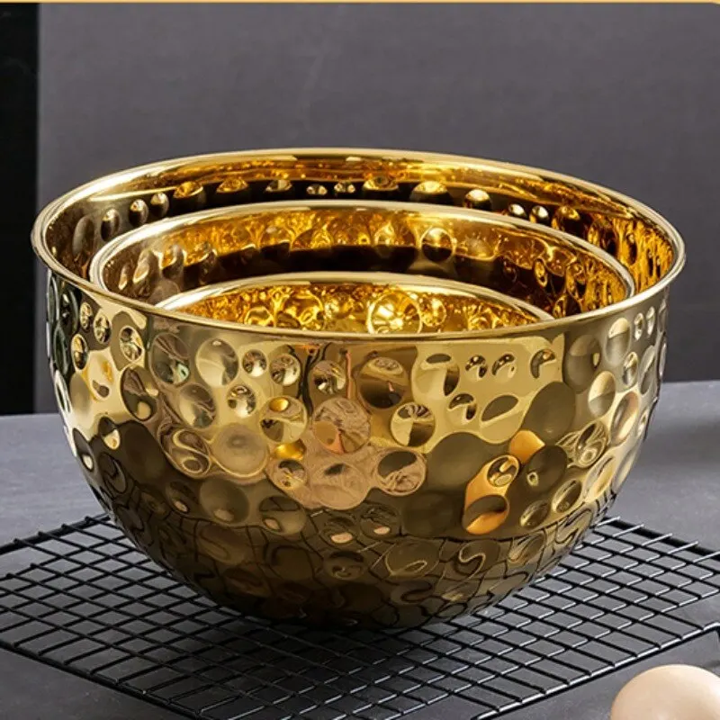Creative Gold Stainless Steel Hammer Point Salad Plate, Mixing Cooking Bowl, Fruit Bowl, Egg Pot, Thickened Design