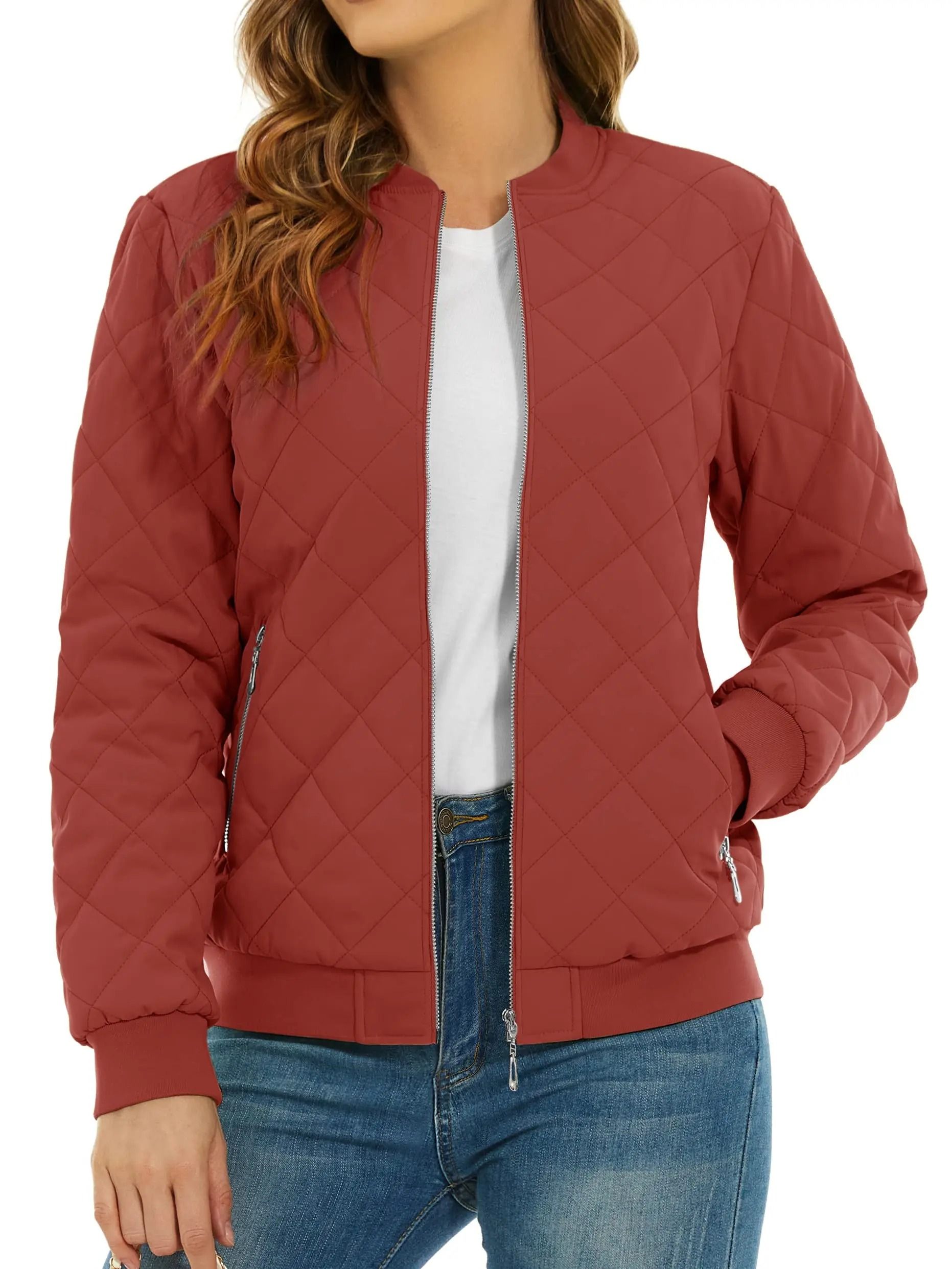 Womens Diamond Quilted Bomber Jacket Full Zip Warm Padded Coat