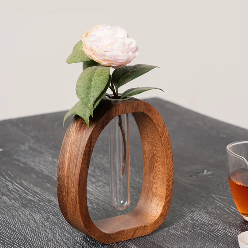 Solid Wood Mini Desktop Flower Vase with Glass Insert (Minimal Single Stem Bud Vase)
