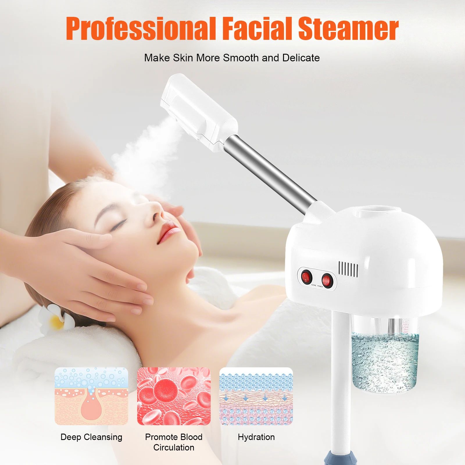 Professional Ozone Facial Steamer – Height Adjustable 360° Rotating Hot Mist Salon & Spa Steaming Machine with Wheels