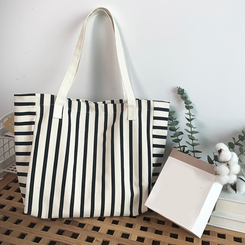 Striped Canvas Beach Tote Bag Large Capacity Summer Shoulder Handbag for Women
