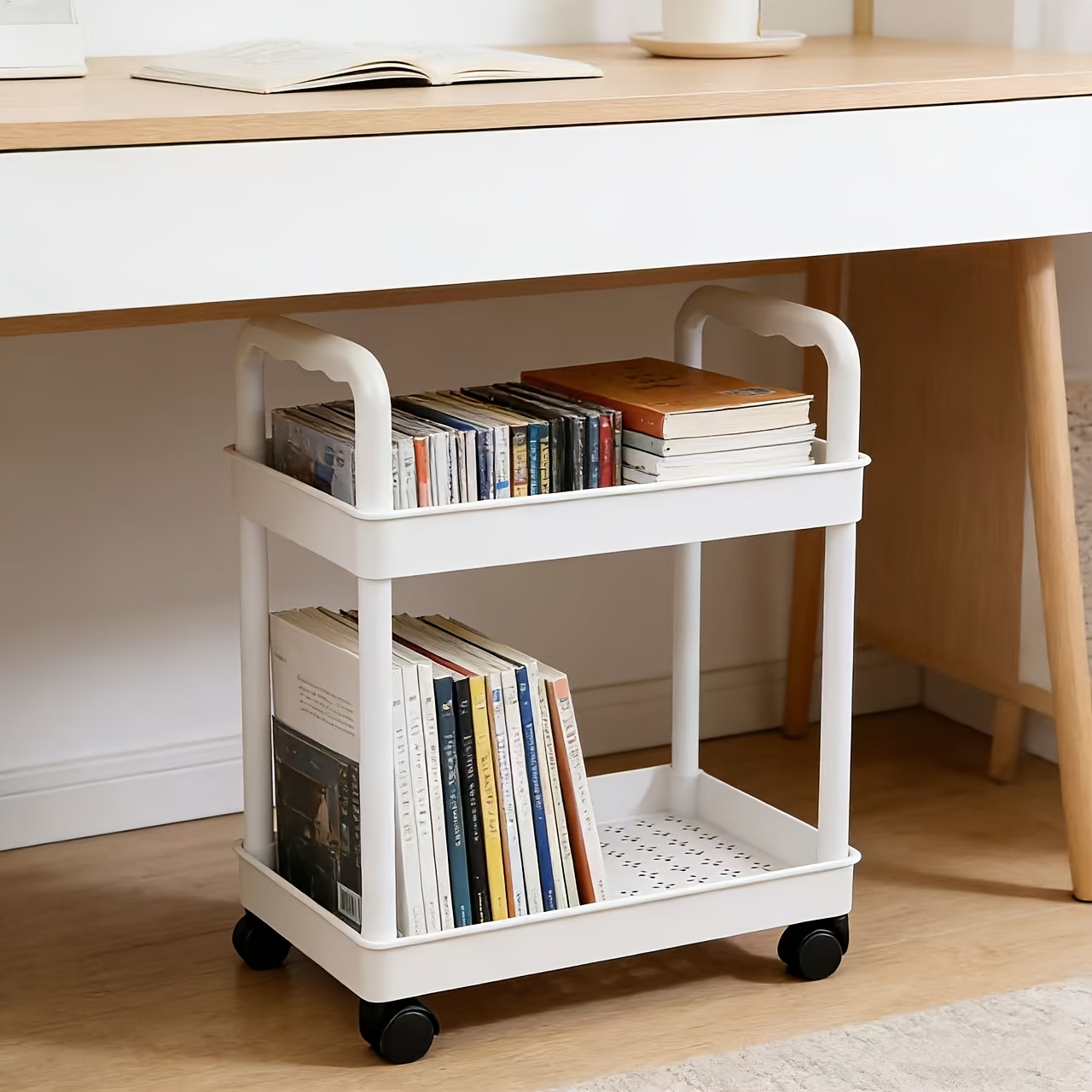 Space-Saving Rolling Storage Cart with Portable Handle for Bedroom, Bathroom, Kitchen, Office - Standing Shelf Organizer