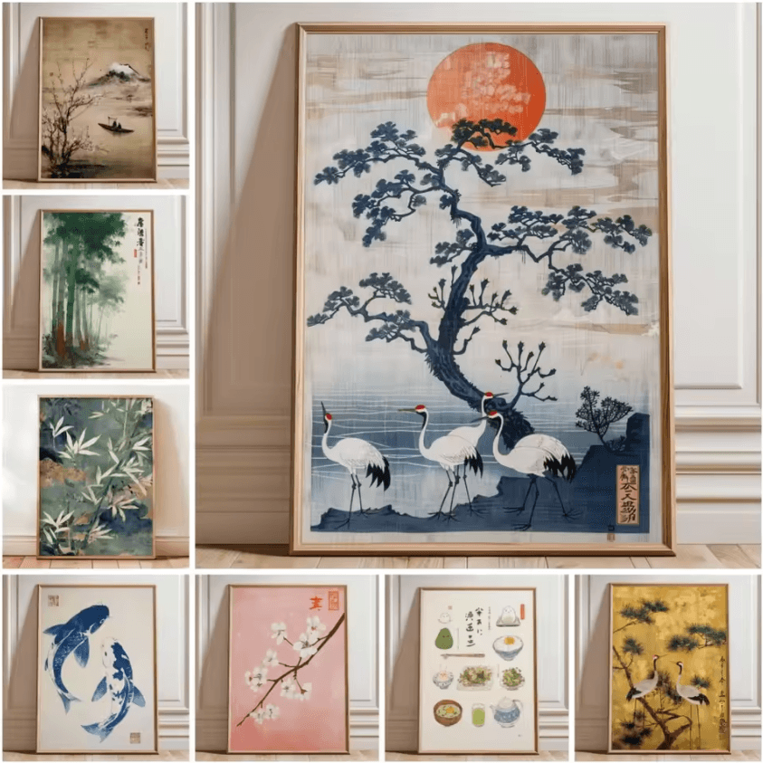 Japanese Crane Ukiyo-e Wall Art Poster – Vintage Red Sun Oriental Decor