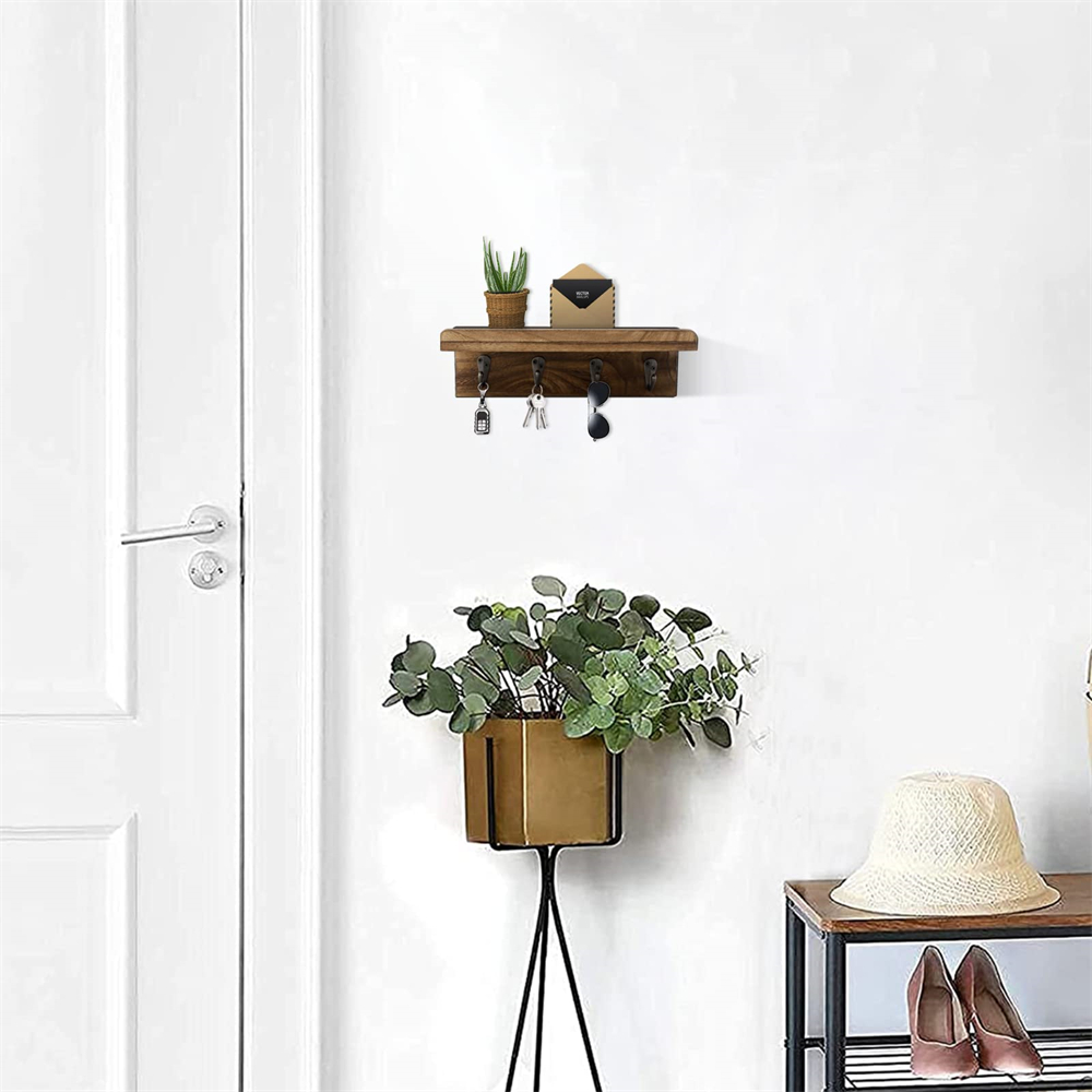 Rustic Wood Key Holder Wall Shelf  Farmhouse Floating Home  with Hooks