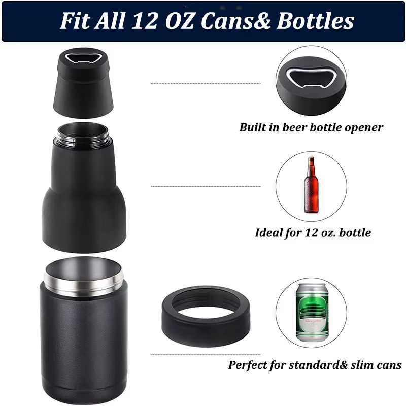 12oz Stainless Steel Beer Cooler – Double Wall Vacuum Insulated Can Holder & Thermos Bottle with Opener
