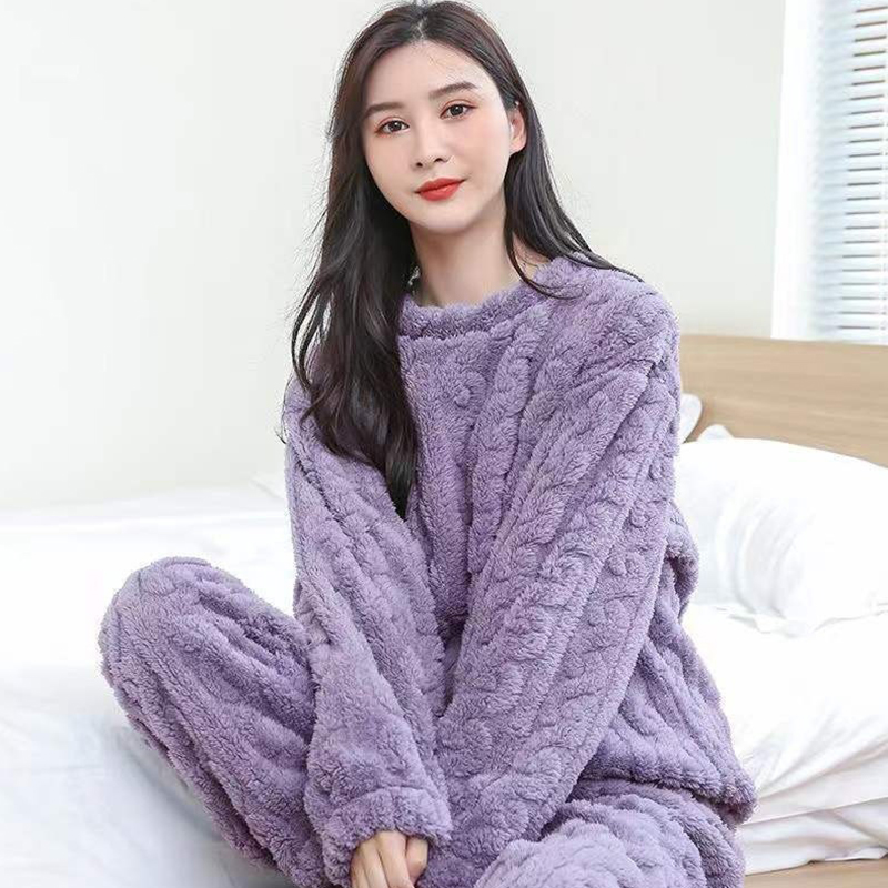 Women Casual Pajama Sets, Autumn Women Solid Warm Piece Sets, Thicken Velvet Ribbed Fleece Set Pullover and Pants
