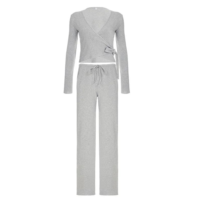 Absobe Women's Autumn Winter Knit 2-Piece Lounge Set – Flare Sleeve Crop Cardigan & Wide-Leg Pants Outfit