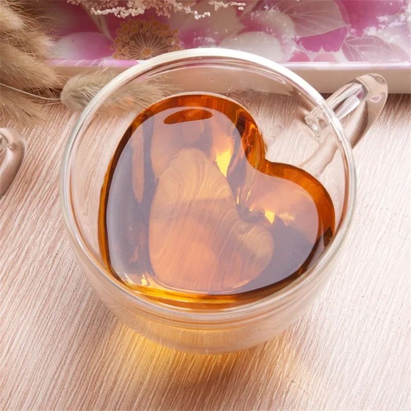 Double-Layer Heart Glass Cup – Romantic Insulated Tea and Coffee Mug with Handle