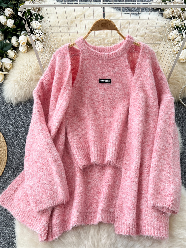 Warm Loose Cardigan, Solid Cashmere Sweater Long Sleeves, Sleeveless Knitting Tank Top Winter Casual Tops