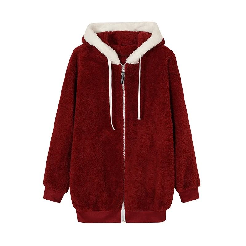 Cozy Womens Plush Hooded Jacket Loose Zip Up Winter Fleece Coat