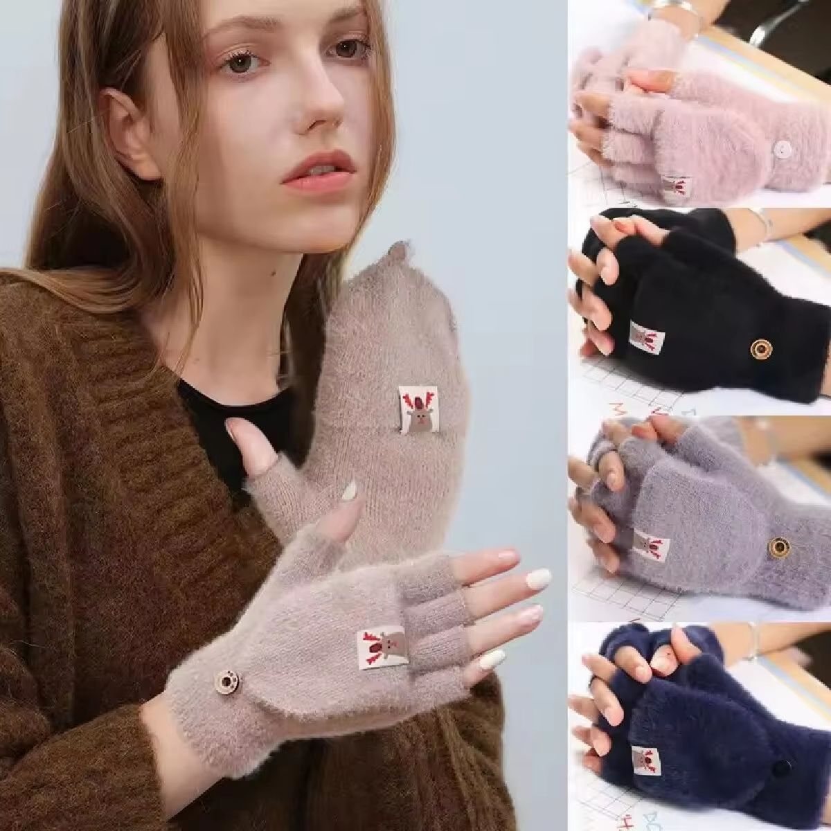 Winter Plush Fingerless Flip Gloves for Women – Soft Warm Thickened Outdoor Gloves