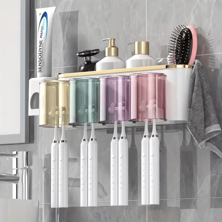 Toothbrush Holder With Squeezer – Perforation-Free Bathroom Shelf and Mouthwash Cup Organizer