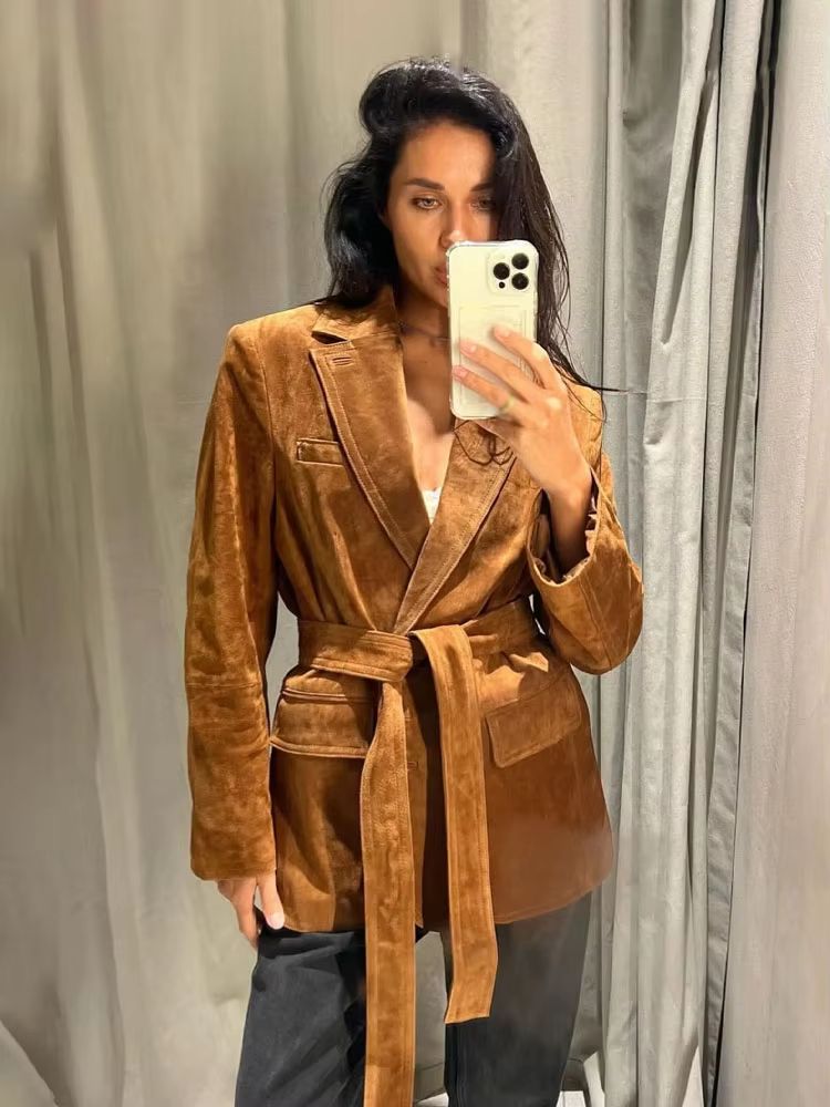 Elegant Women Casual Autumn Coat Lace Up Detail Turn Down Collar Jacket Long Sleeve Button Pocket Jacket