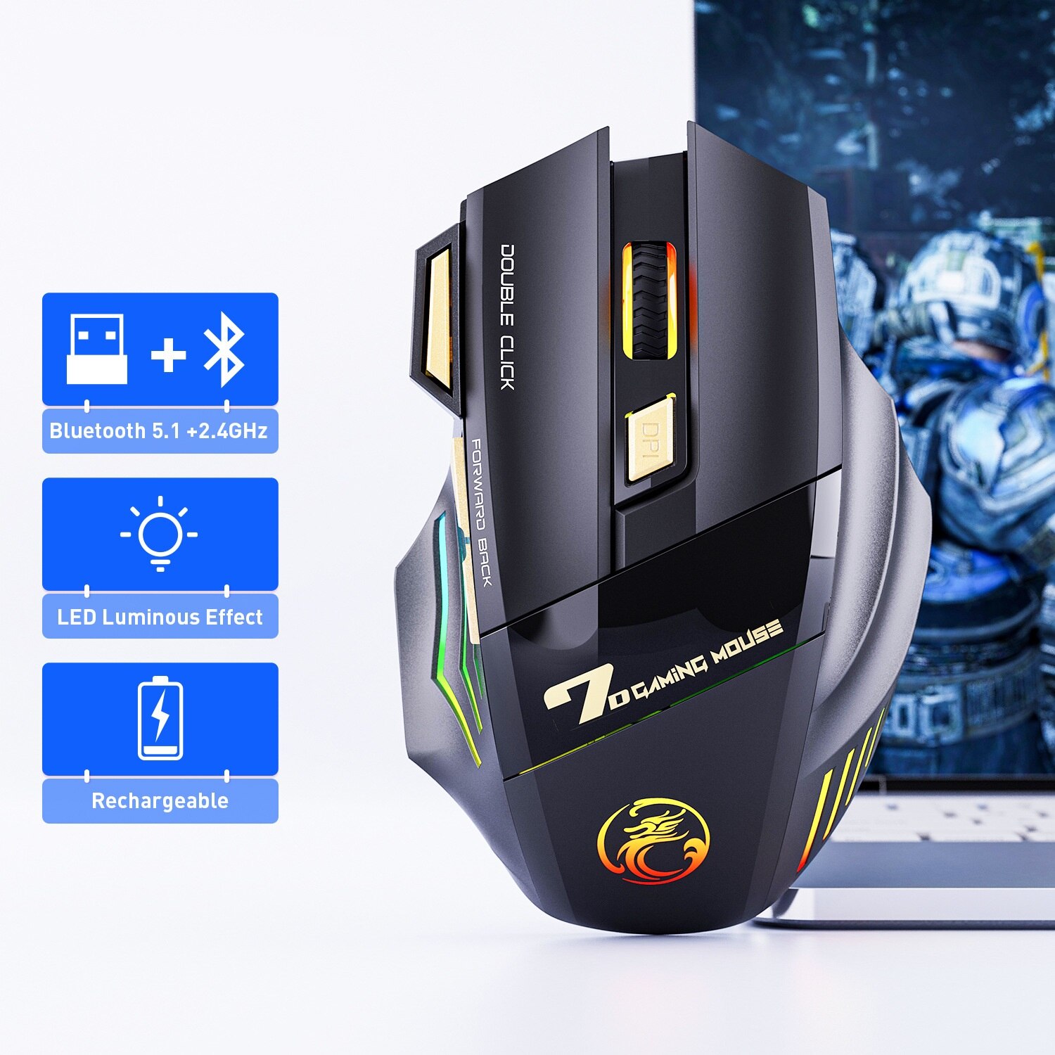 USB Wireless Gaming Mouse, Silent Mouse, Dual Mode Rechargeable, Multiple Keys with Bluetooth and Colors