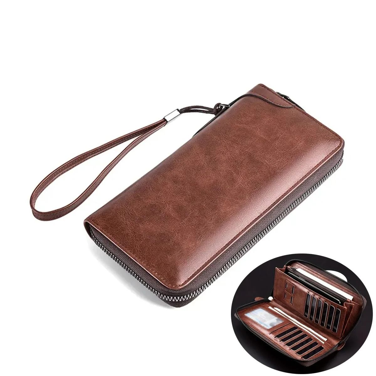 Mens Long Zipper Wallet with RFID Blocking and PU Leather Design