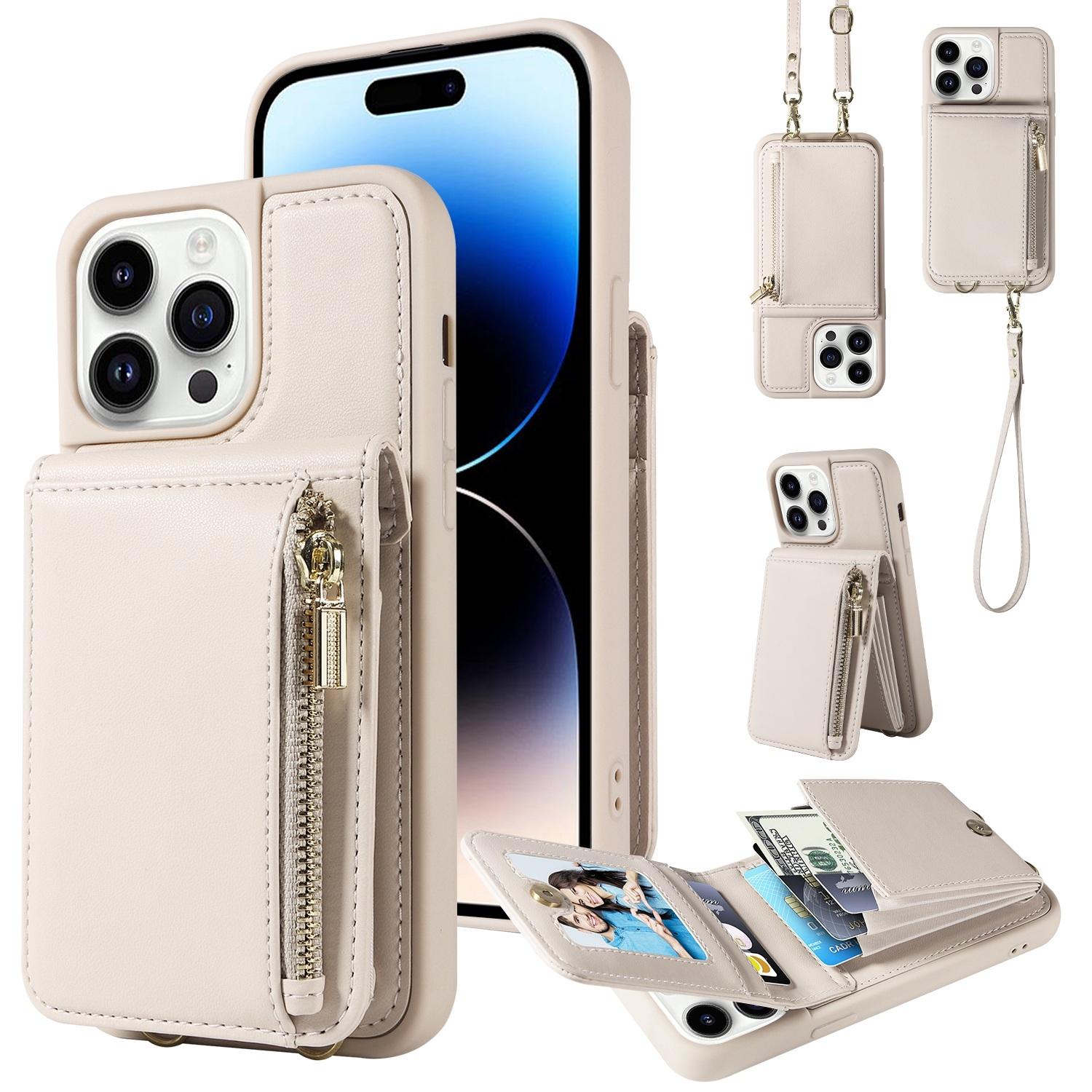 Leather Crossbody iPhone Wallet Case with Zipper Pocket & Lanyard Strap