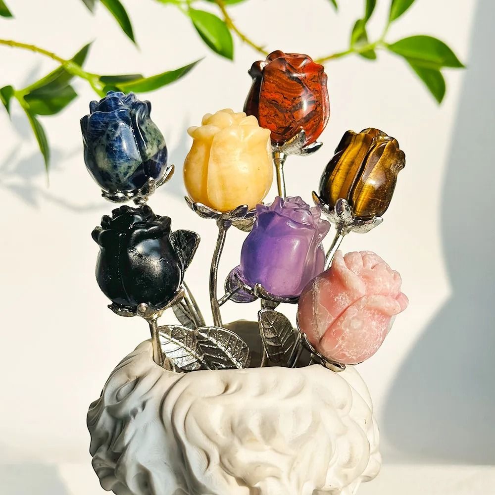 Elegant Rose Quartz Crystal Flower Ornament Hand-Carved Decorative Gift