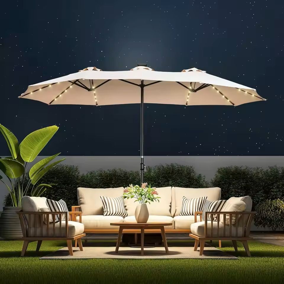 Extra Large Double Sided Patio Umbrella with Solar Lights and Base