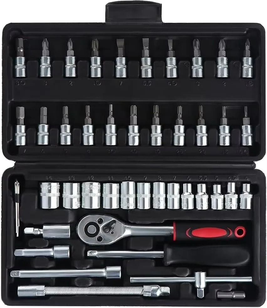 46 Piece Socket Ratchet Wrench Set With Bit Sockets and Extension Bar