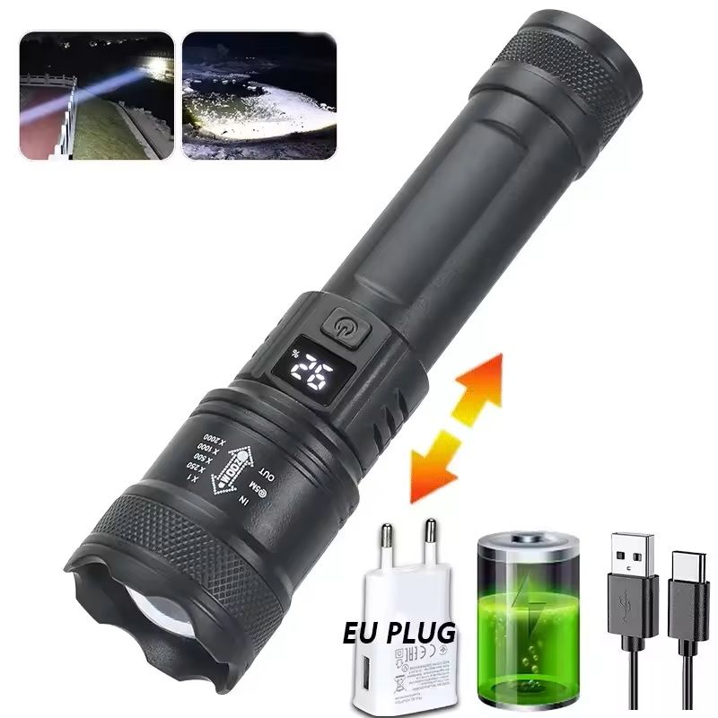 Rechargeable High-Power LED Flashlight with Zoom and Display
