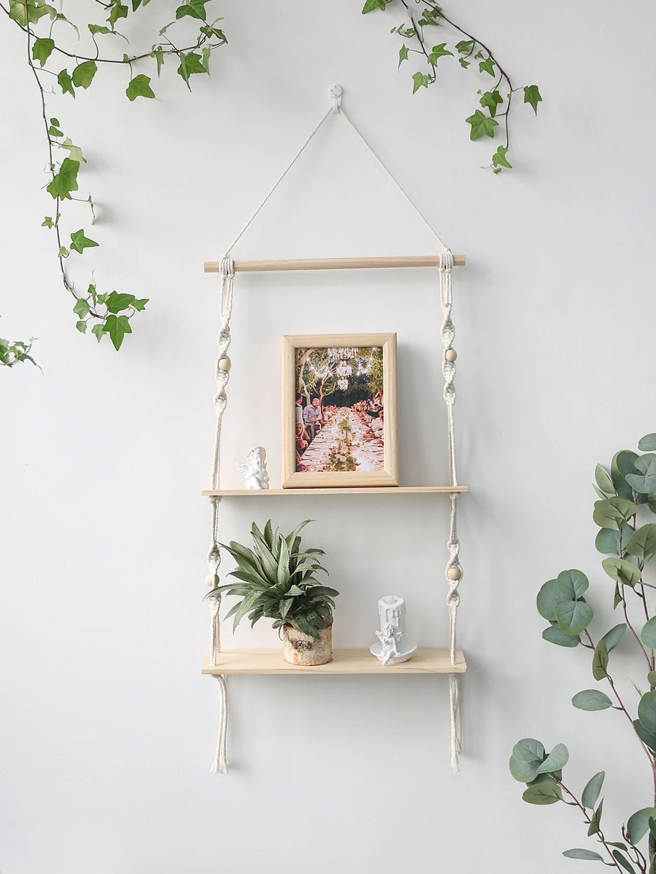 Boho Macrame Wall Hanging Floating Wood Shelf