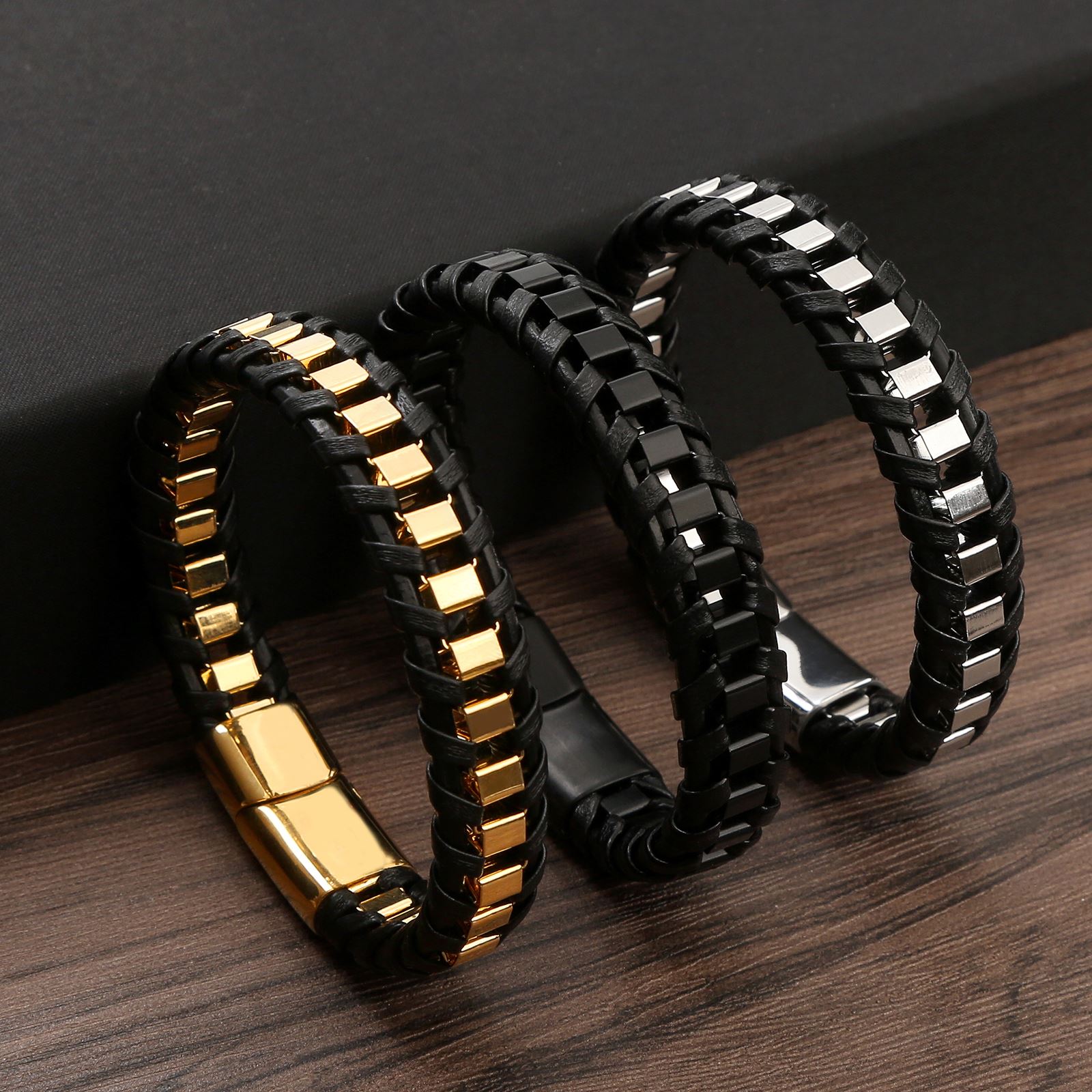 Charming Classic Hand Woven Leather Bracelets for Men, Gold Black Stainless Steel Jewelry, Punk Hip-Hop Bracelet Gift
