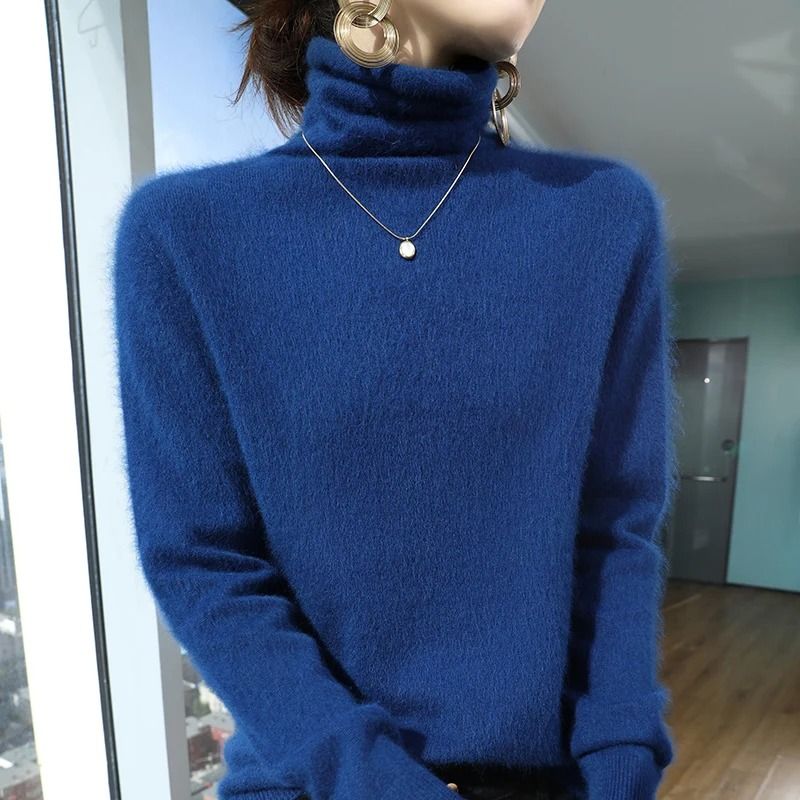 Womens Pure Mink Cashmere Sweater Slim Fit Pullover with Pile Collar Knitted Winter Top
