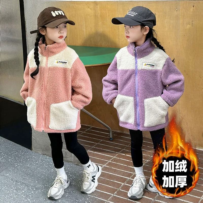 Girls Lamb Wool Winter Jacket Warm Velvet Lined Kids Padded Coat