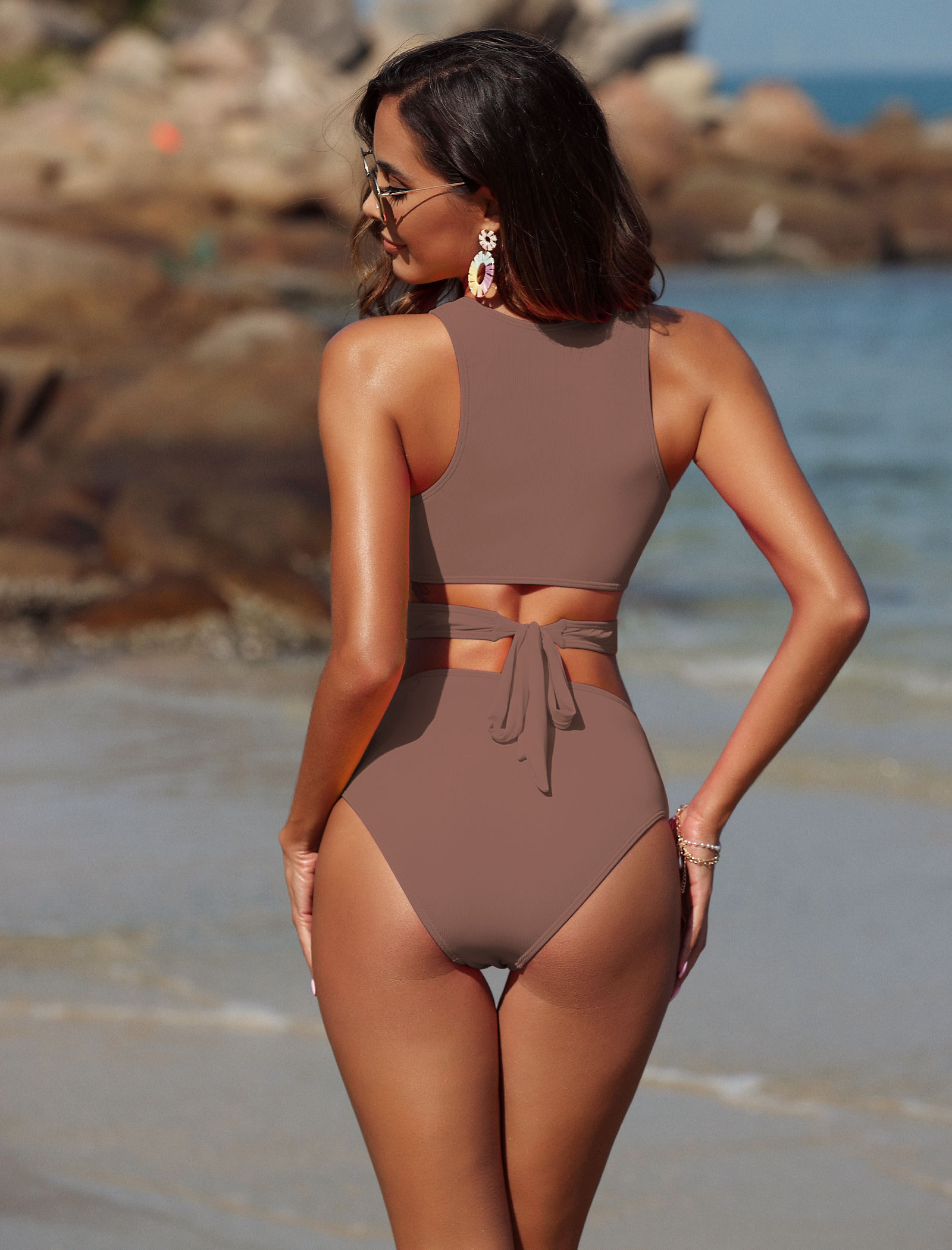 Two Piece Swimsuit, High Waisted Bikini Set, Scoop Neck Tank Cutout Midkini