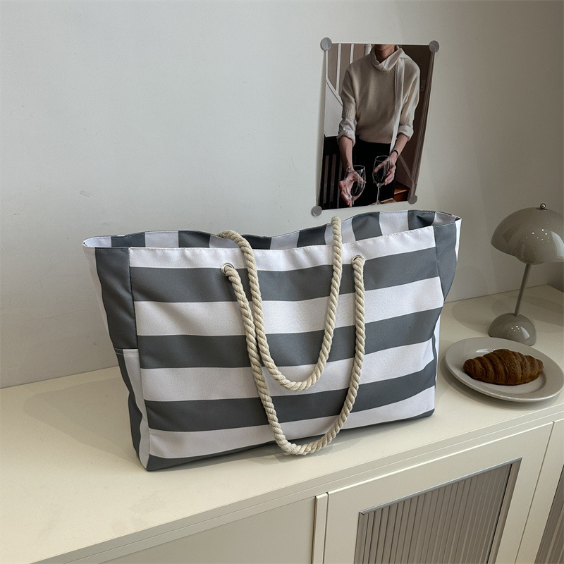 Waterproof Foldable Beach Bag Large Striped Canvas Travel Tote