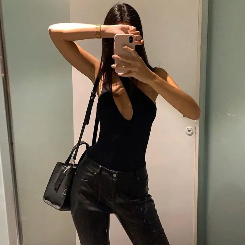 Womens One Shoulder Cut Out Bodysuit Slim Fit Bodycon Black Bodysuit Top