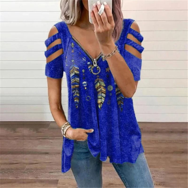 Summer Cold Shoulder Leopard Print Zipper V Neck Loose Casual Blouse